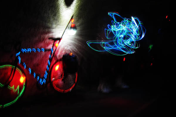 EL wire and flashy lights at bike dance party